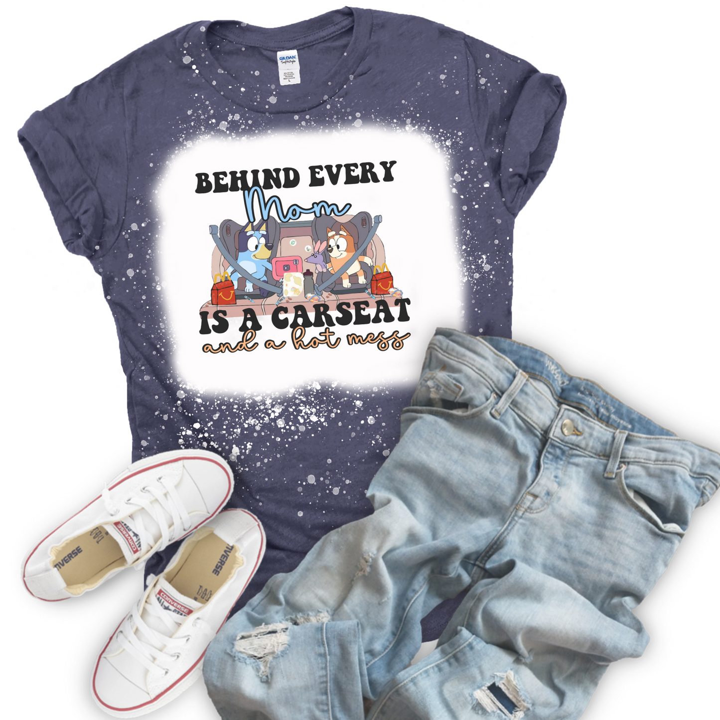Behind Every Mom Bluey Bleached Tee
