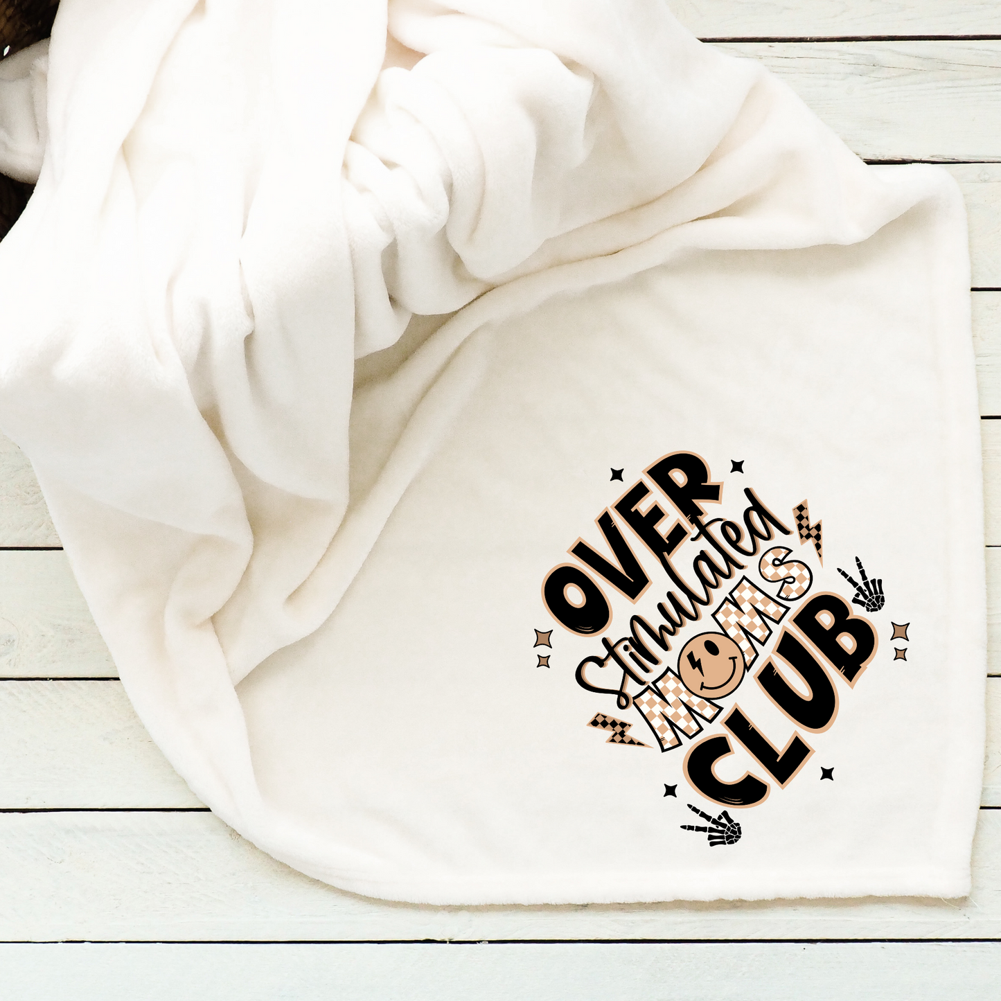 Neutral Overstimulated Moms Club Plush throw blanket